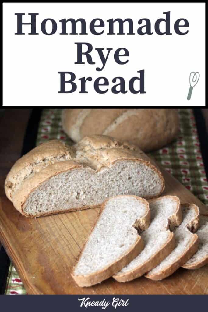 Slices of rye bread on a cutting board sitting in front of 2 loaves with text overlay.