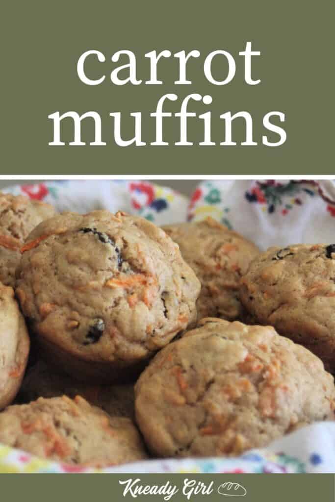 carrot muffins stacked into a napkin lined basket with text overlay. 