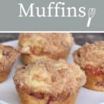 Rhubarb muffins on a plate with a text overlay stating: Rhubarb Muffins.