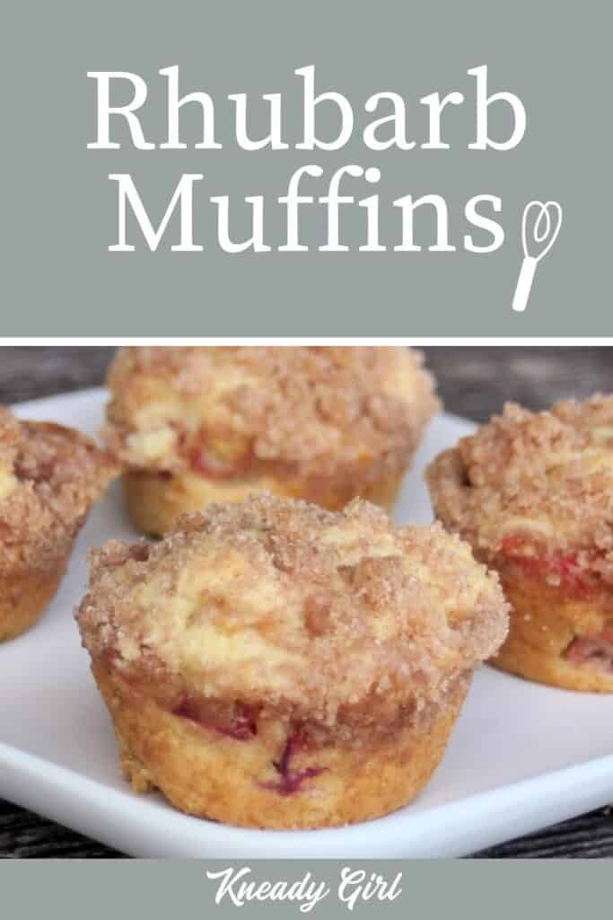 Rhubarb muffin on a plate with text overlay.