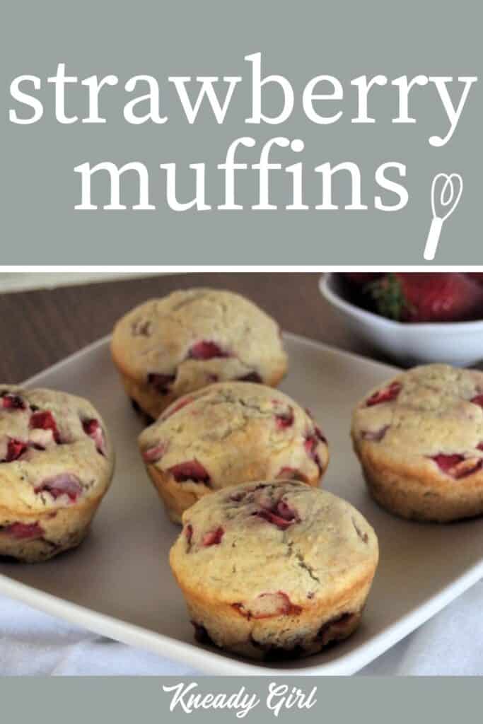 A platter of strawberry muffins on a white napkin with text overlay. 