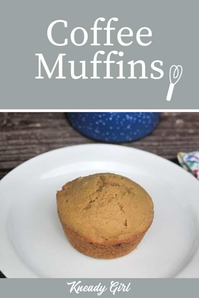 A coffee muffin on a white plate with text overlay.