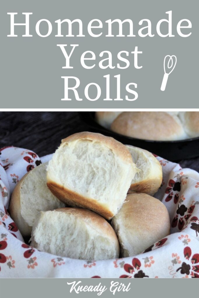 A napkin lined basket full of homemade yeast rolls with a close up of the one on top and a text overlay.