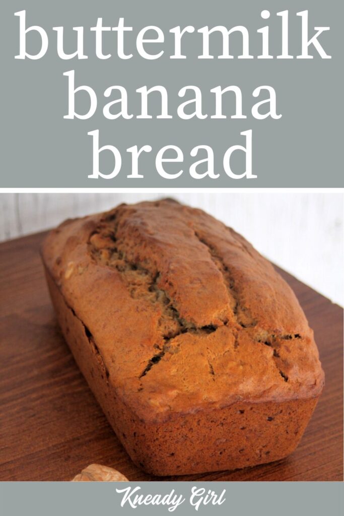 a loaf of banana bread on a board and text overlay.