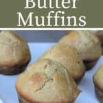Close up of apple butter muffins on a white plate with text overlay