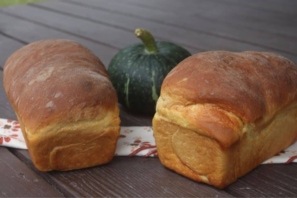 Two loaves of pumpkin cinnamon swirl bread sitting on a napkin with a green pumpkin between them in the background.