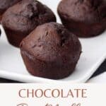 Chocolate muffins on a plate with text overlay reading: chocolate rye muffins.