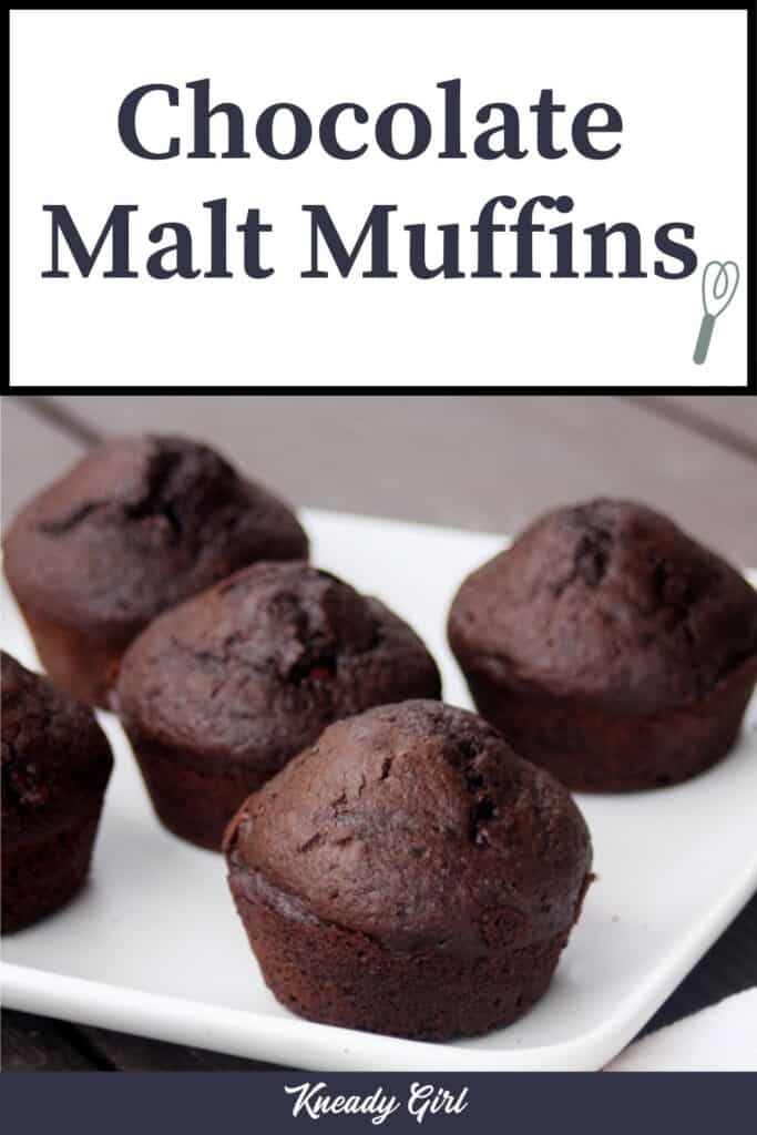 A plate full of chocolate muffins with text overlay reading: chocolate malt muffins. 