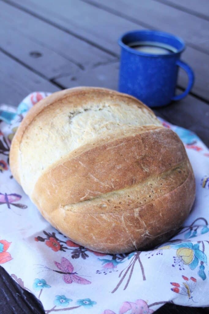 An oblong loaf of coffee bread sitting on a floral cloth with a blue tin cup of black coffee in the background.