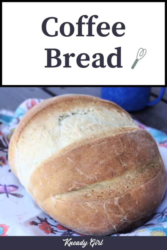 A loaf of coffee bread on a floral cloth with text overlay stating coffee bread.