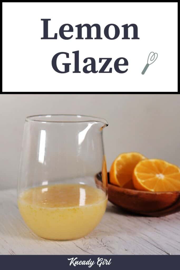A glass pitcher with lemon glaze inside sitting in front of a wooden bowl of cut fresh meyer lemons with text overlay stating lemon glaze.