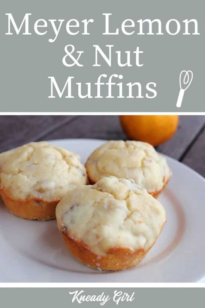 3 lemon muffins on a plate with a fresh meyer lemon in the background with text overlay stating: meyer lemon & nut muffins.