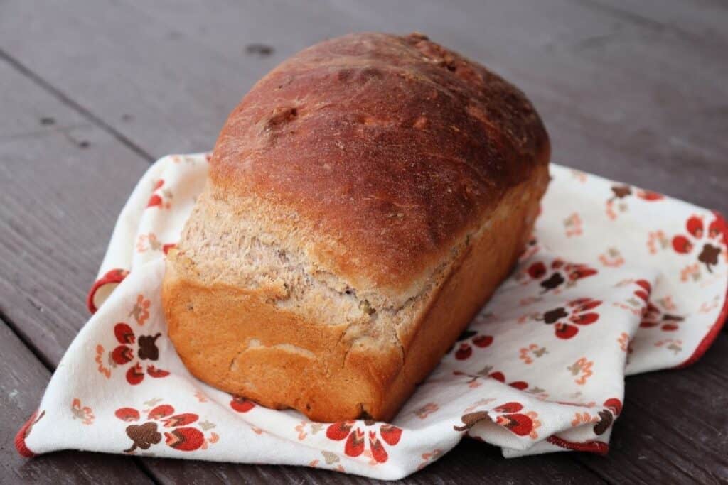 A loaf of walnut bread sitting on a printed napkin.