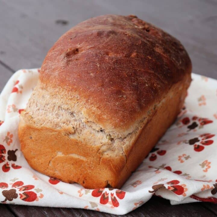 A loaf of walnut bread sitting on a printed napkin.