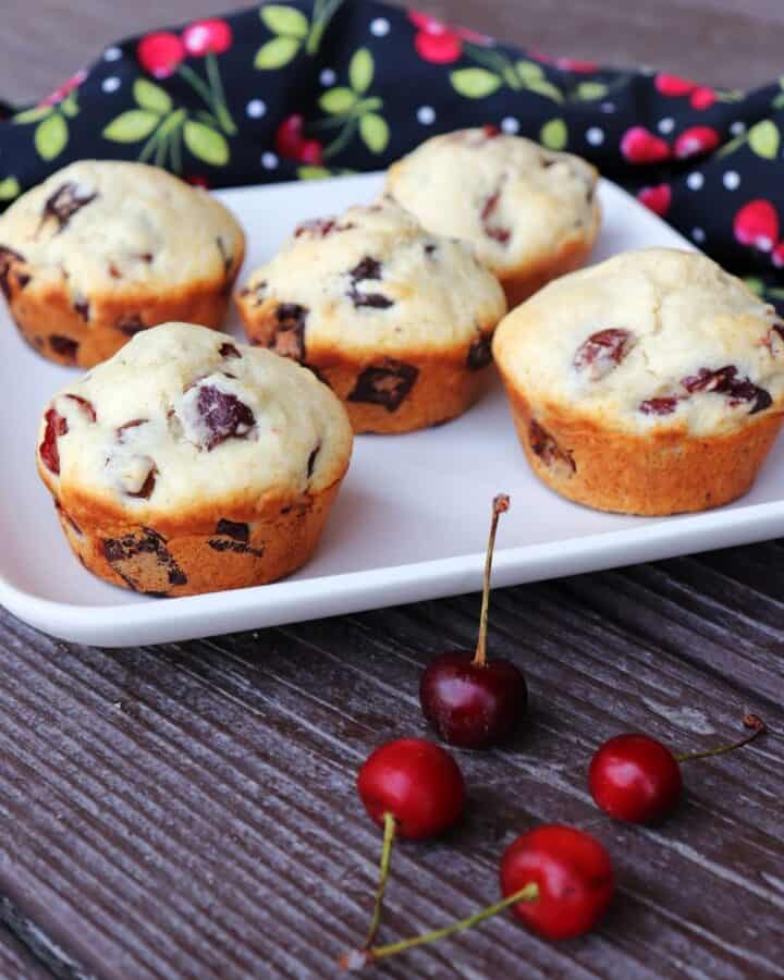 5 sour cherry chocolate chunk muffins on a square white plate with fresh cherries in front and a black cloth covered in a red cherry pattern behind.