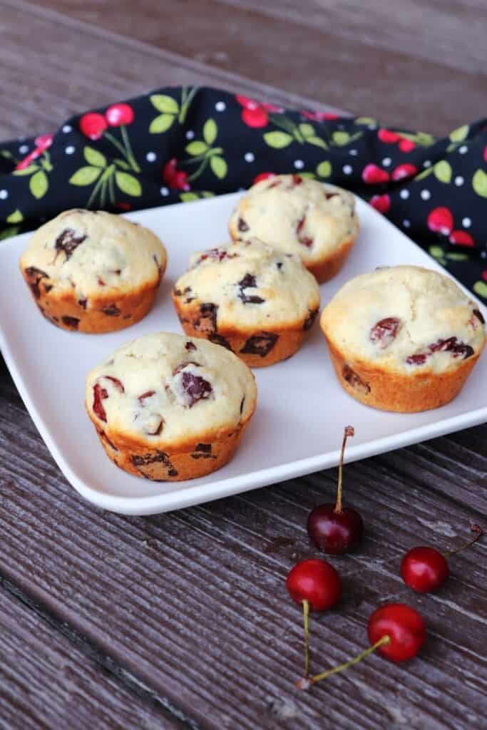 5 sour cherry chocolate chunk muffins on a square white plate as seen from above with fresh cherries in front and a black cloth covered in a red cherry pattern behind.