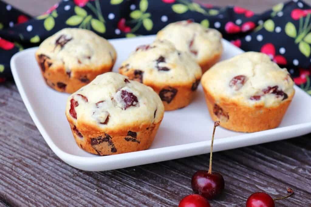 5 sour cherry chocolate chunk muffins on a square white plate with fresh cherries in front and a black cloth covered in a red cherry pattern behind.