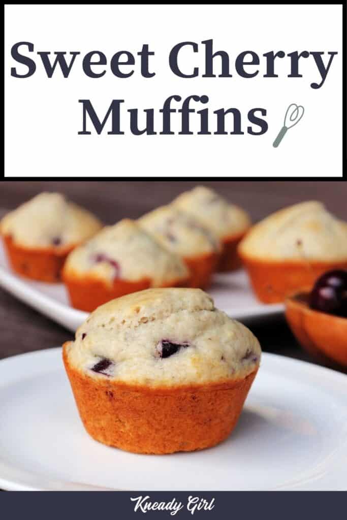 A cherry muffin on a white plate with platter of more muffins in the background with text overlay reading sweet cherry muffins.