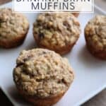 Muffins on a white plate as seen from above with text overlay reading: lightly sweet banana bran muffins.