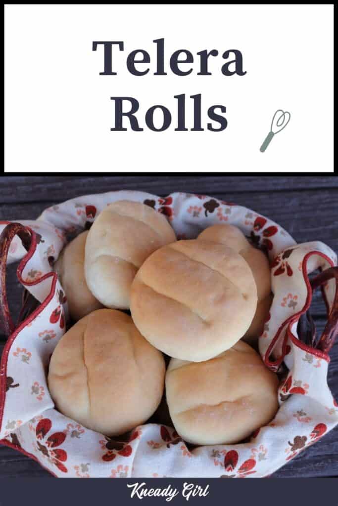 A linen lined basket full of rolls with text overlay reading: telera rolls.