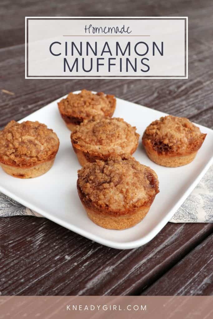 5 muffins on a square white plate with text overlay stating: homemade cinnamon muffins.