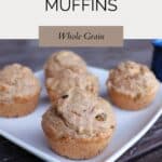 Muffins on a platter with text overlay reading: Spelt Muffins - Whole Grain