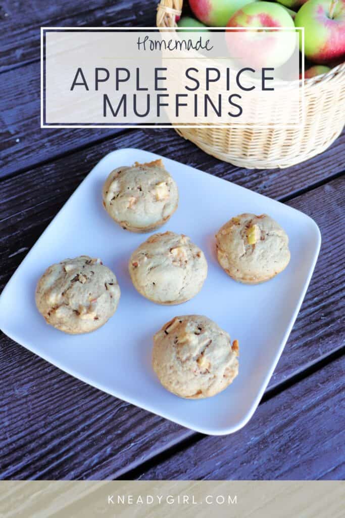 A plate of muffins as seen from above with text overlay reading: Homemade Apple Spice Muffins.