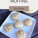 5 muffins on a plate as seen from above. Text overlay reads: Apple Spice Muffins Easy recipe.