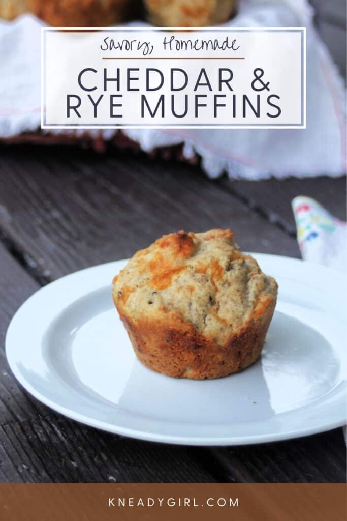 A muffin on a white plate with text overlay stating: savory & homemade cheddar & rye muffins.