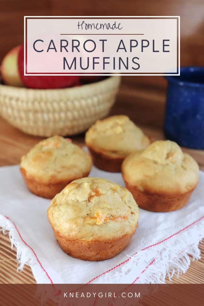 4 muffins on a napkin. Text overlay reads: Homemade Carrot Apple Muffins.