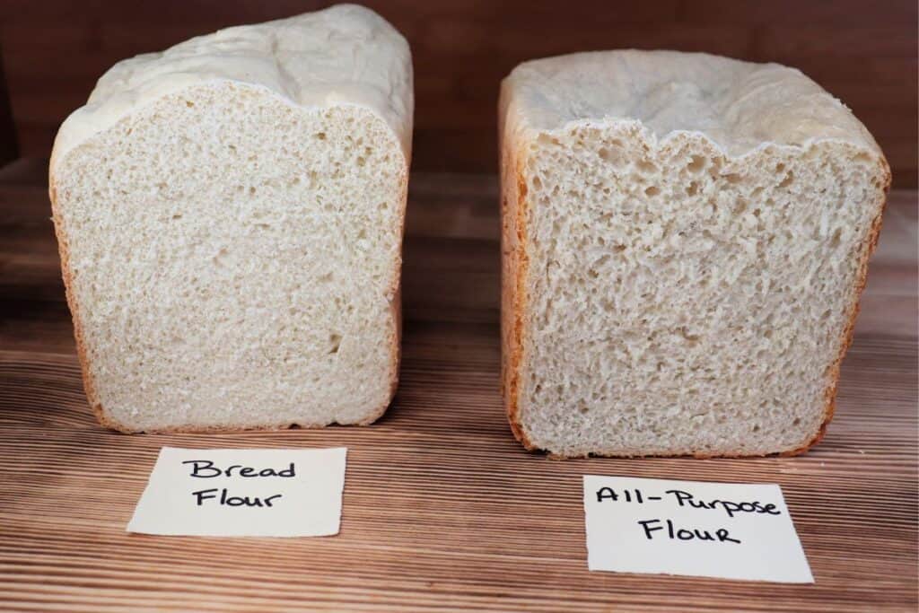 2 loaves of bread with the ends cut off, exposing the insides, sit on a board. Labels with bread flour and all-purpose flour sit in front of the loaves. 