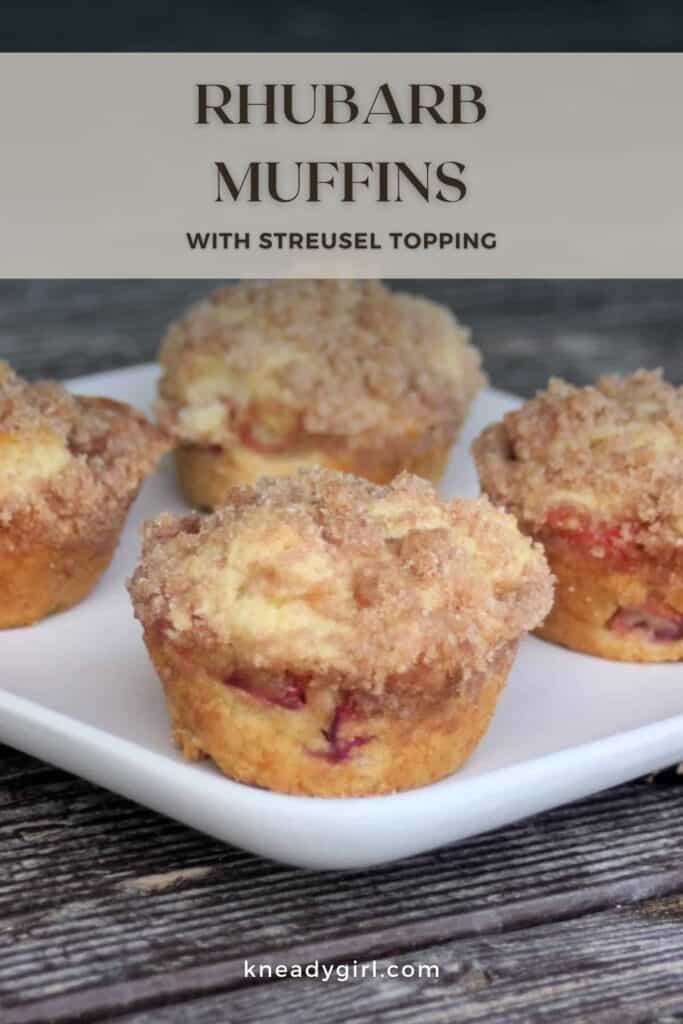 Rhubarb muffins on a plate with text overlay reading: Rhubarb Muffins with streusel topping. 