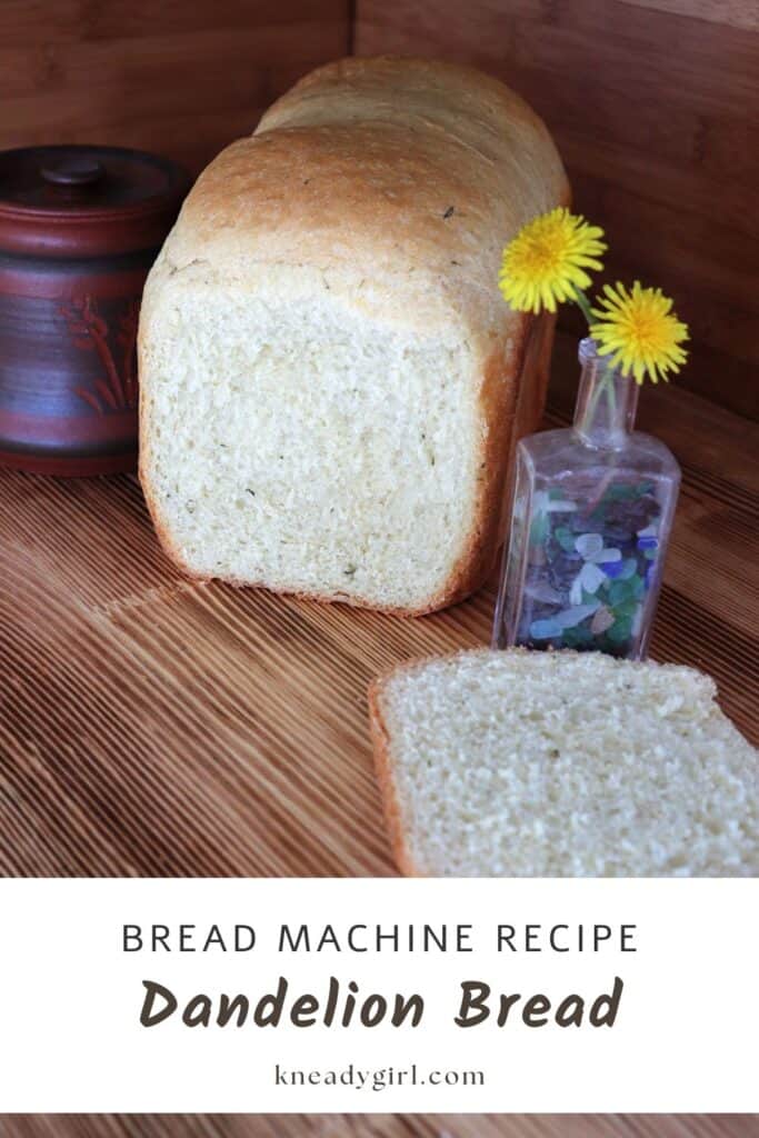 A loaf of bread sits on a board with the end cut off, exposing the insides. The sliced end sits in front of it and a bottle containing two dandelion flowers. A brown clay honey jar is in the background. Text overlay reads: Bread Machine Recipe Dandelion Bread.
