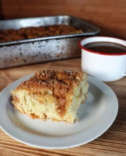 A slice of streusel topped coffee cake sits on white plate with a coffee cup and remaining cake in a pan behind it.