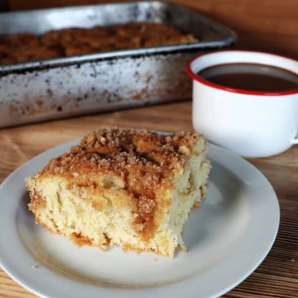 A slice of streusel topped coffee cake sits on white plate with a coffee cup and remaining cake in a pan behind it.